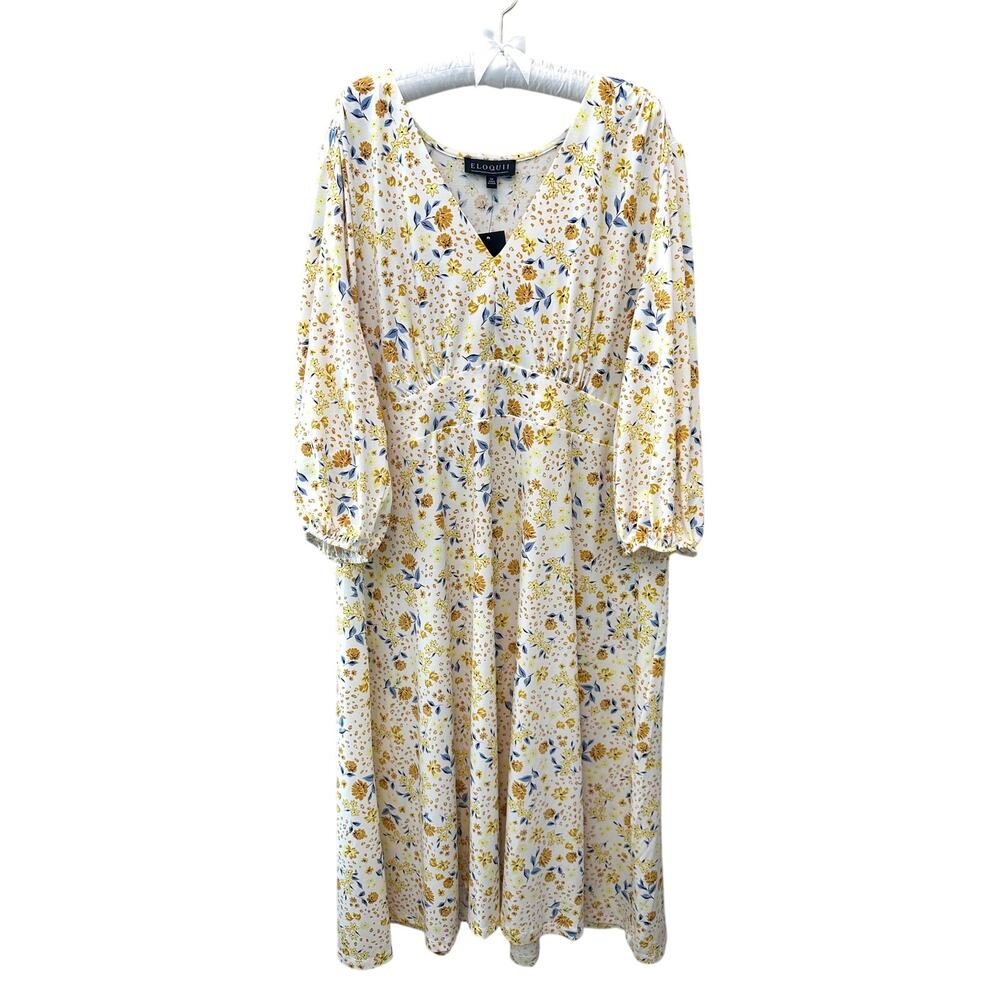ELOQUII Floral Midi Dress Yellow White Empire Waist Cottagecore NWT | Size 20 - Picture 2 of 9
